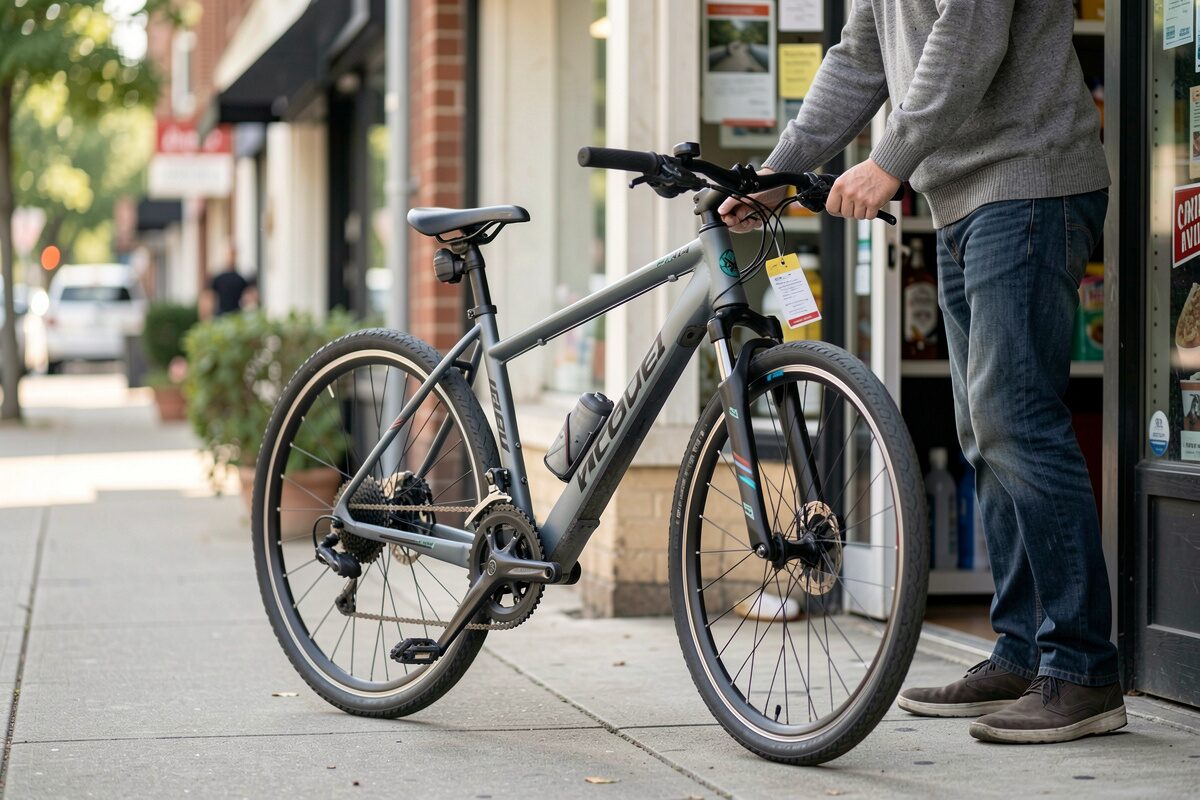 A new hybrid bike with tags being wheeled out of a shop by its new owner