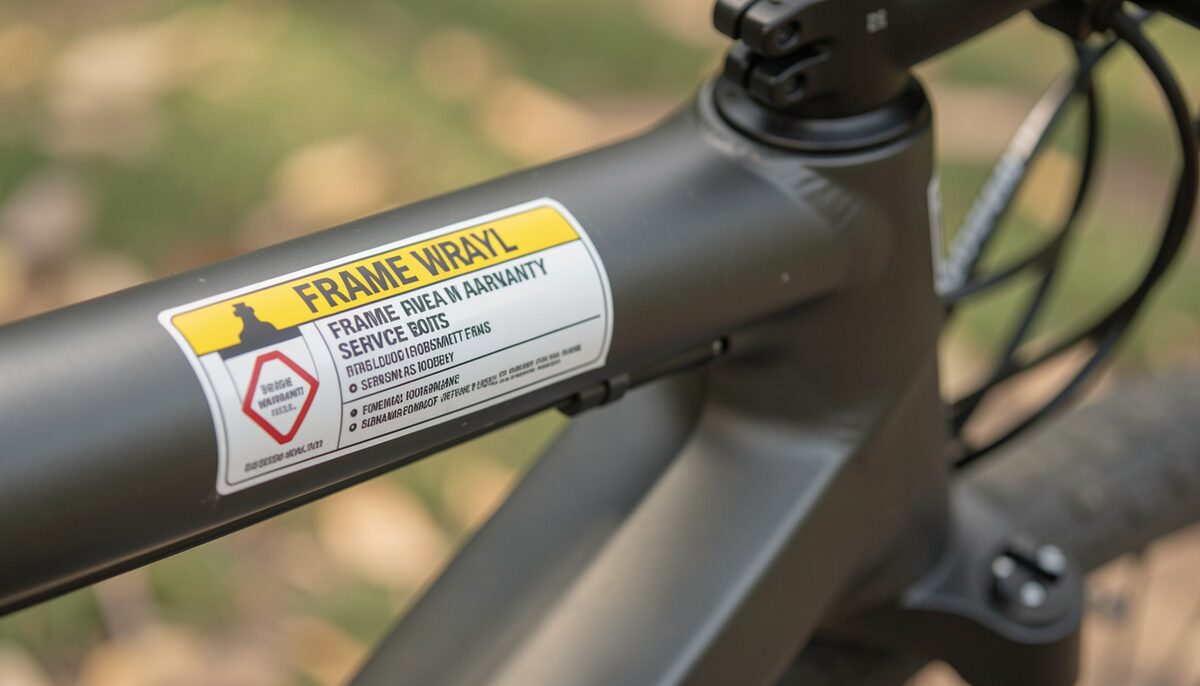 A frame warranty sticker and service booklet on a new bicycle's top tube