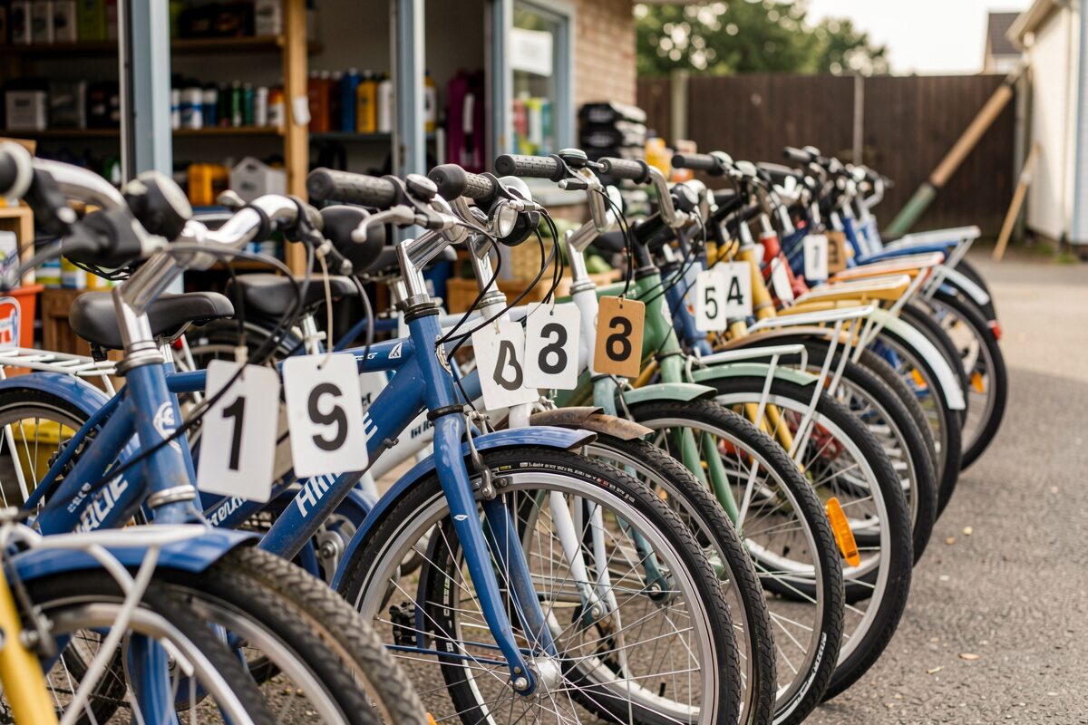 A row of hire bikes with numbered tags lined up in a shop yard