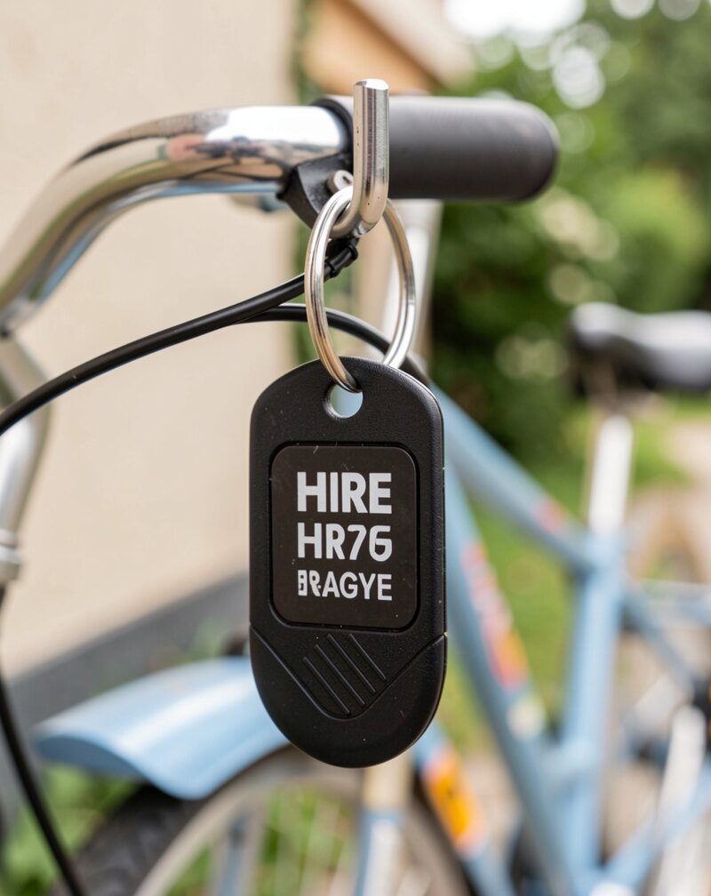 Close-up of a hire bike numbered key tag hanging on a hook