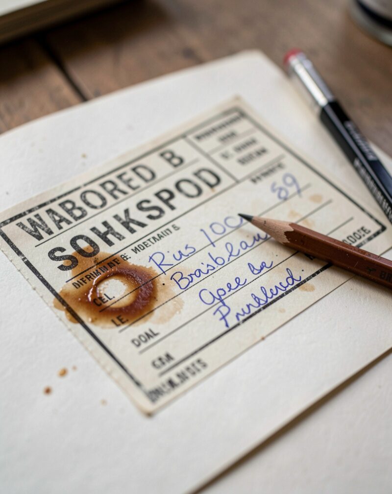 Close-up of a stamped workshop ticket with handwritten notes, coffee ring and pencil