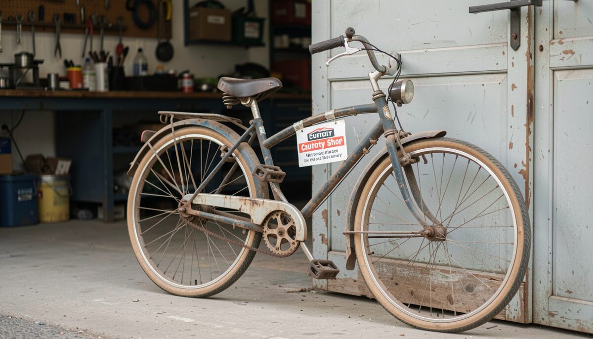A battered courtesy bike with a shop sticker leaning by a workshop door