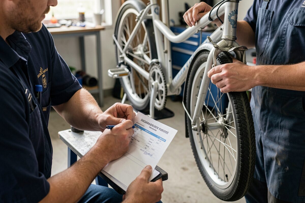 A customer signing a loan slip while a mechanic holds a spare bike