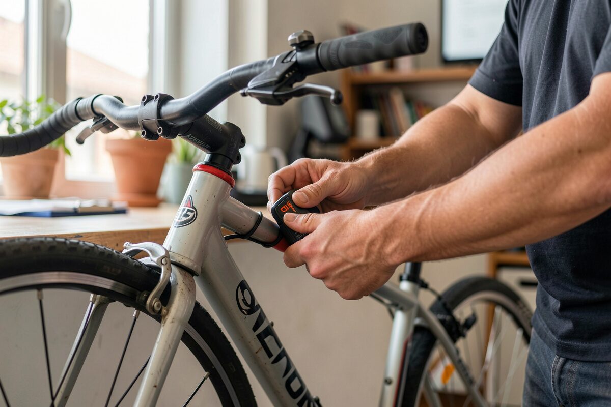 A d-lock being fitted to a city bike frame by a customer at a counter