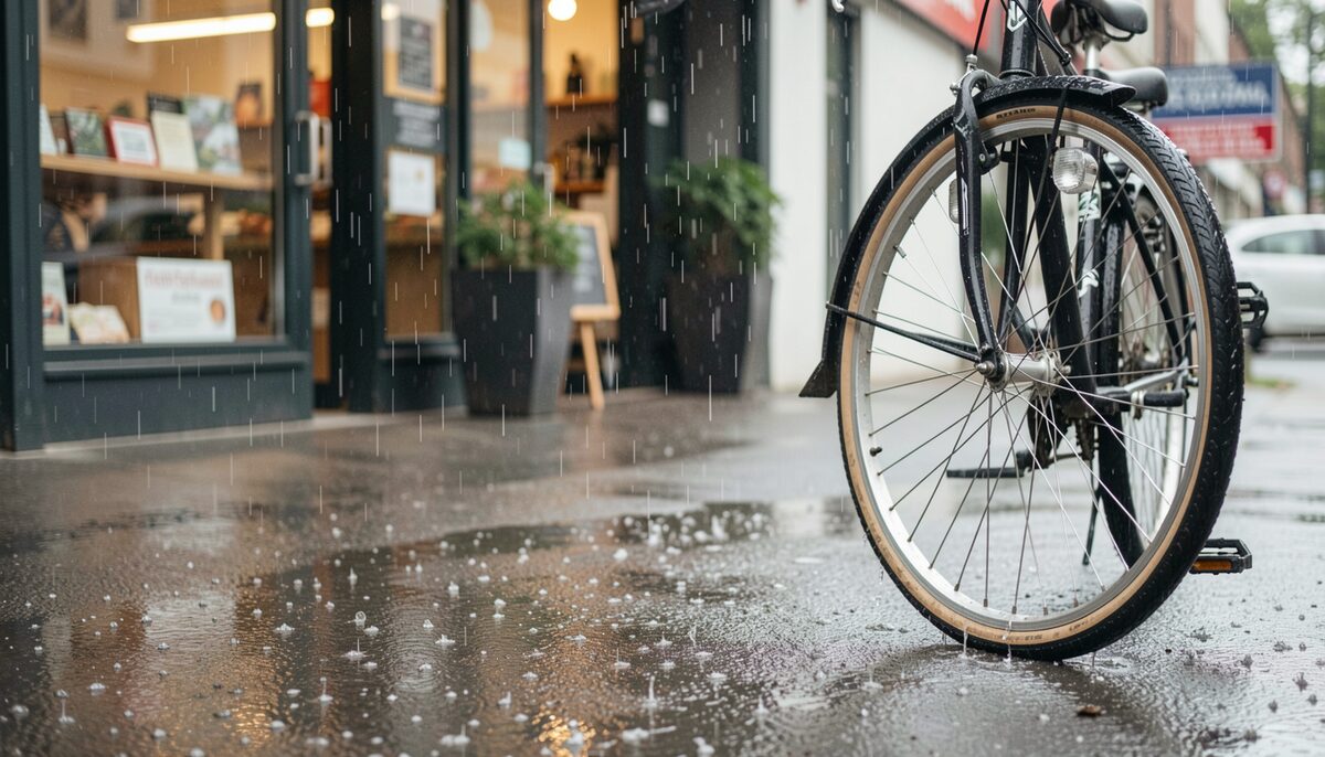 Close-up of a mudguard stay and fixing bolt with rain droplets