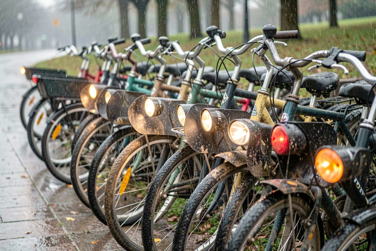 A row of winter commuter bikes with mudguards and lights parked in drizzle
