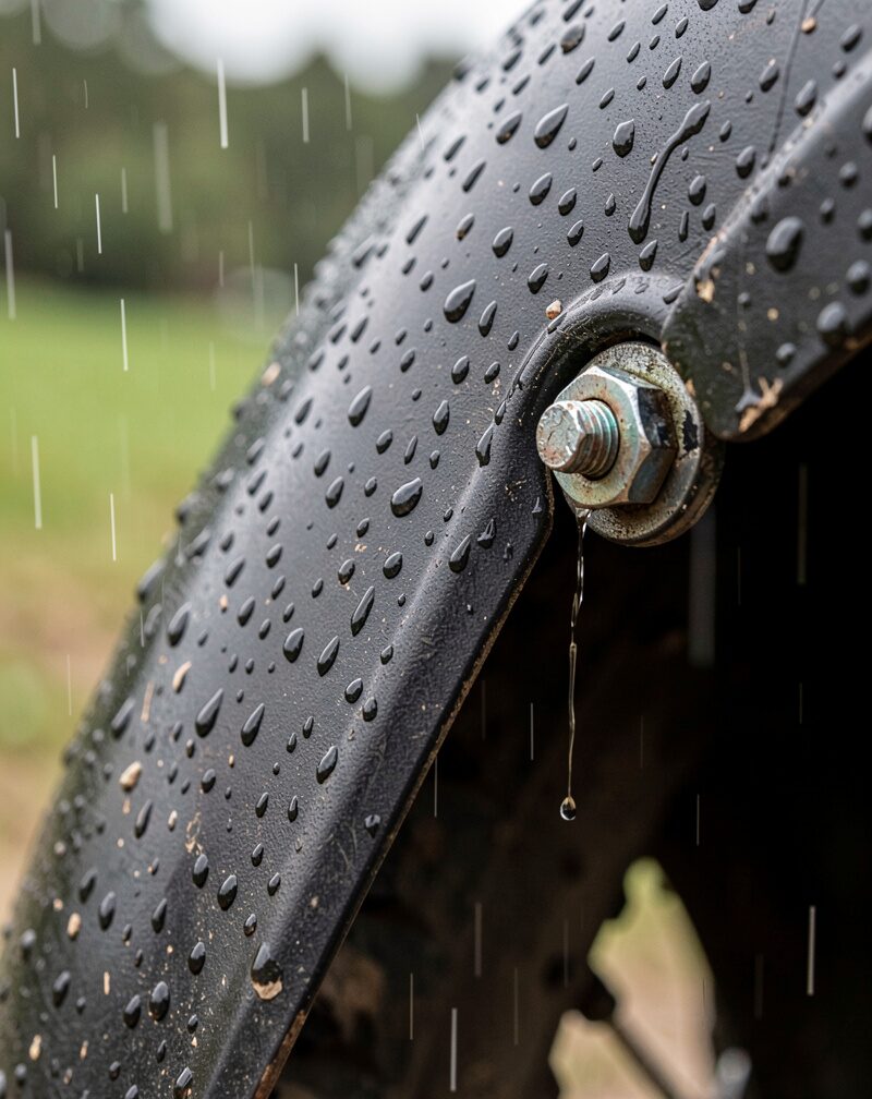 Close-up of a mudguard stay and fixing bolt with rain droplets