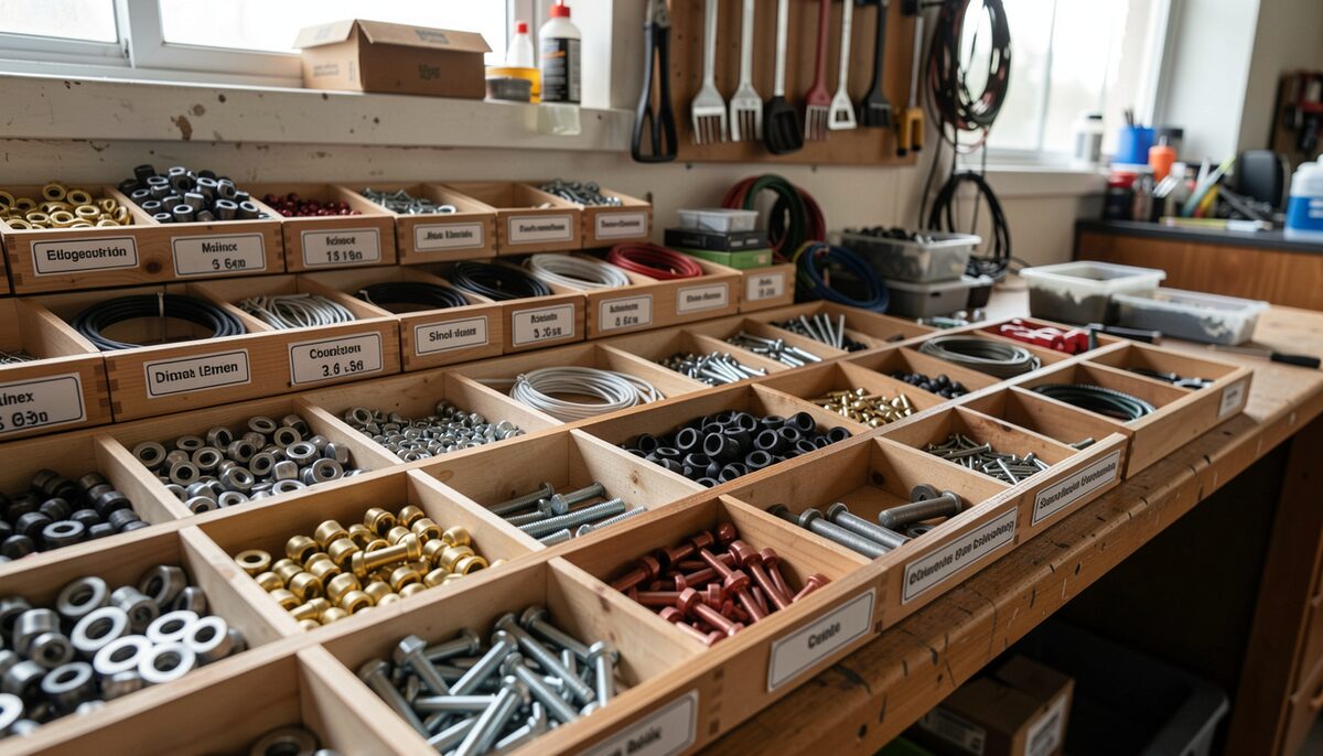 Close-up of gear cables coiled in a parts tray with a price stub