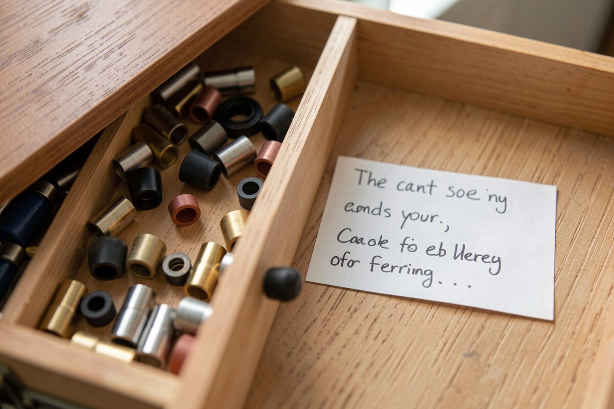 An open drawer of cable end caps and ferrules beside a handwritten label