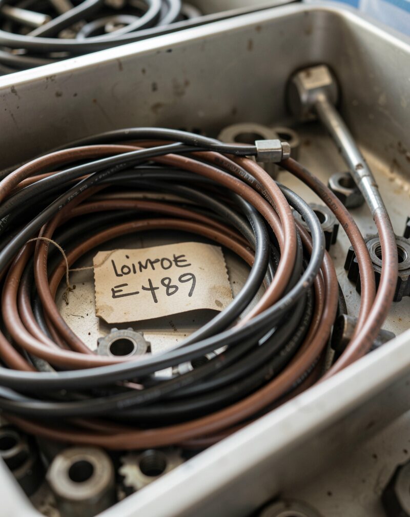 Close-up of gear cables coiled in a parts tray with a price stub