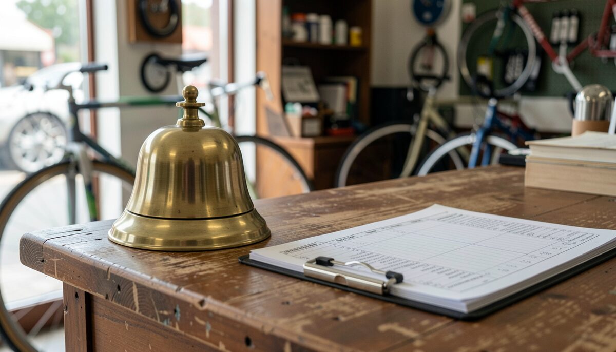 A brass service bell on a worn wooden bike shop counter beside a till ledger