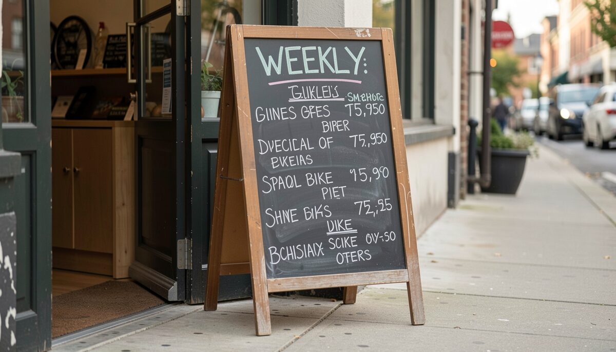A chalkboard of weekly bike special offers leaning outside a shop doorway