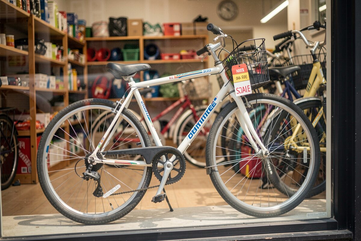 A discounted bike with a sale tag in a shop window among other stock