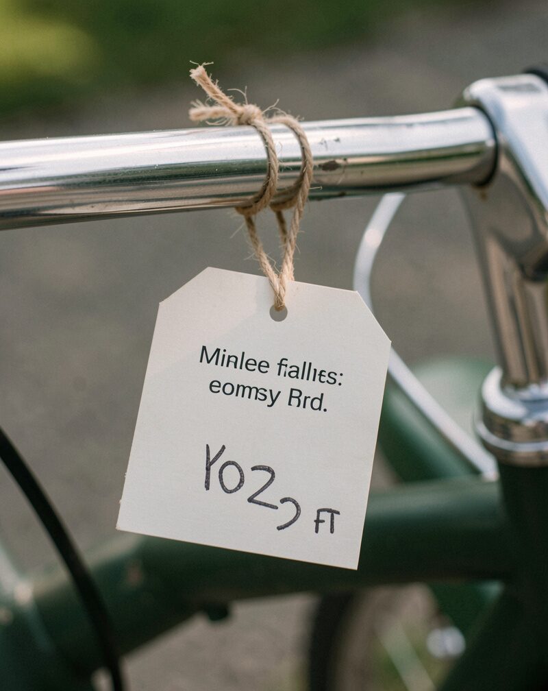 Close-up of a price tag tied to a handlebar with string