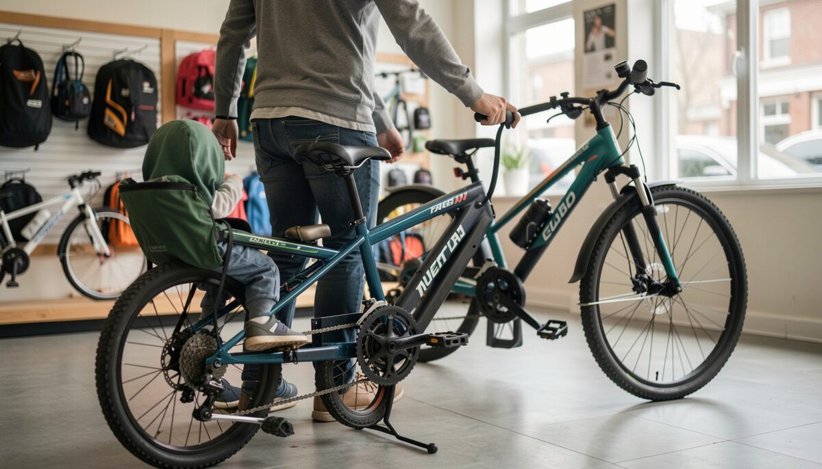 A tag-along child's bike attachment hitched to an adult hybrid in a shop