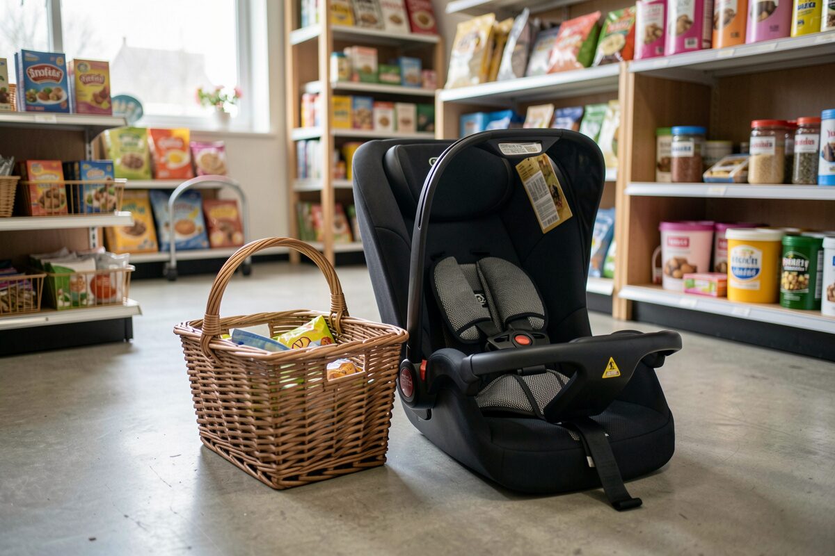 A child seat and basket accessories arranged on a shop floor