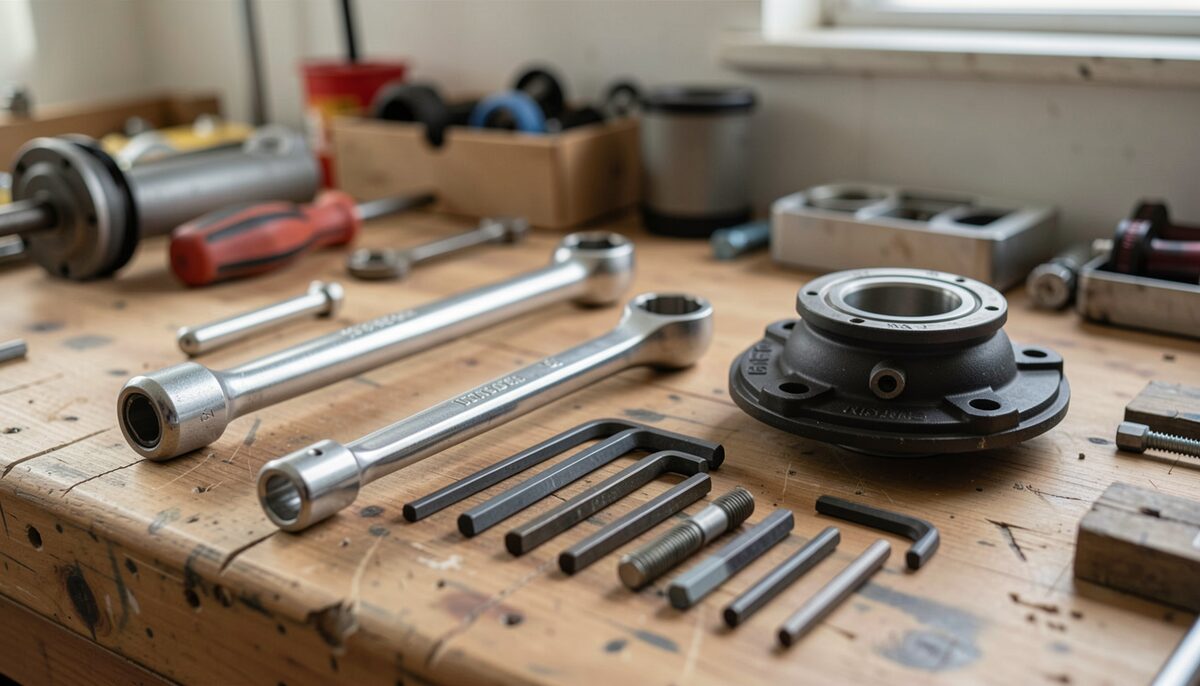 Close-up of a torque wrench dial being set beside a stem bolt