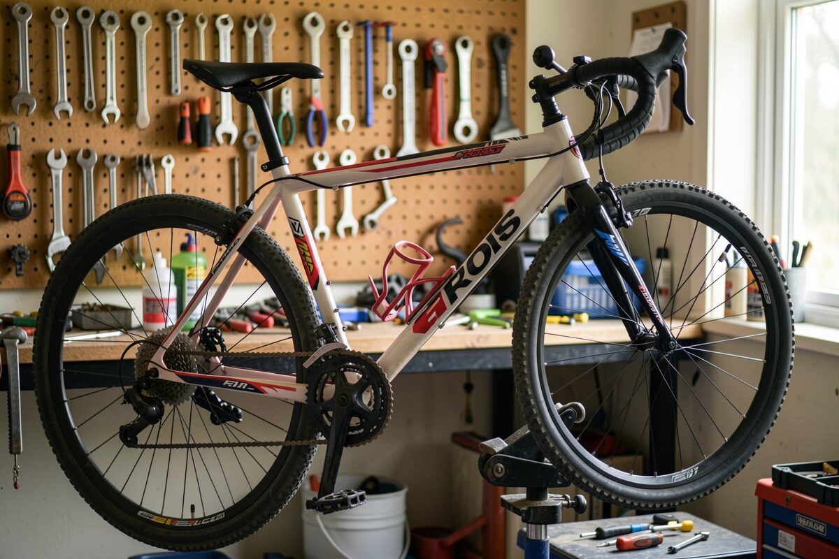 A bike secured in a repair stand, tools hanging on a pegboard wall behind