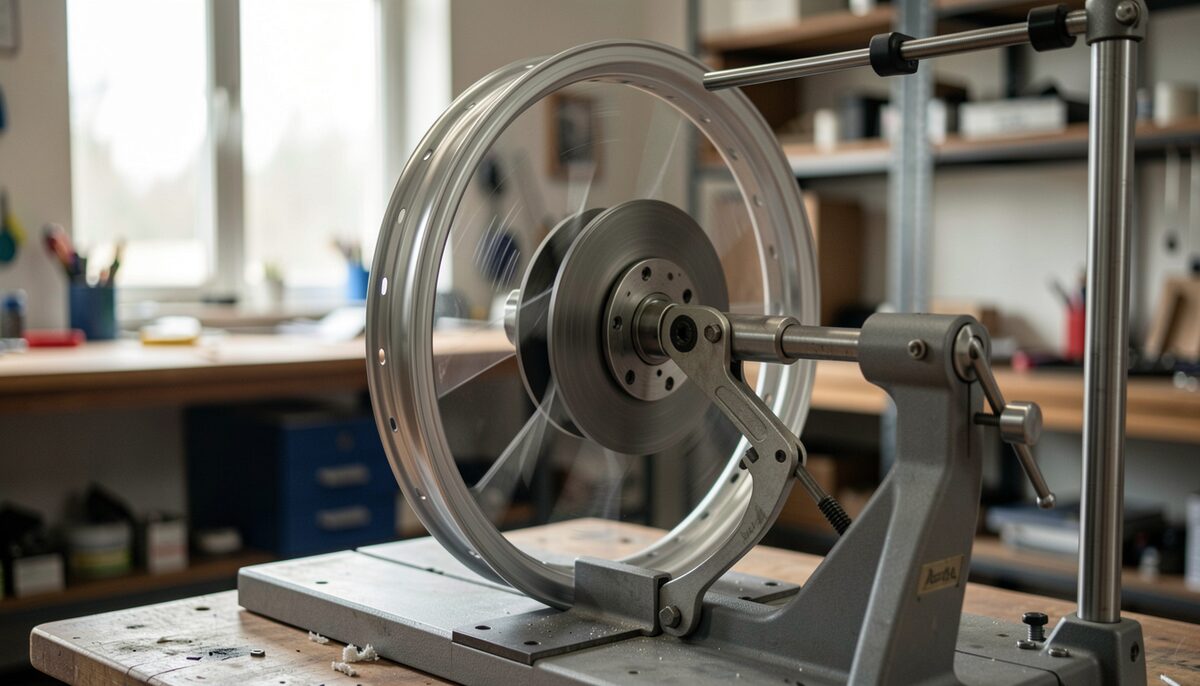 Close-up of rim sidewall passing a truing caliper feeler
