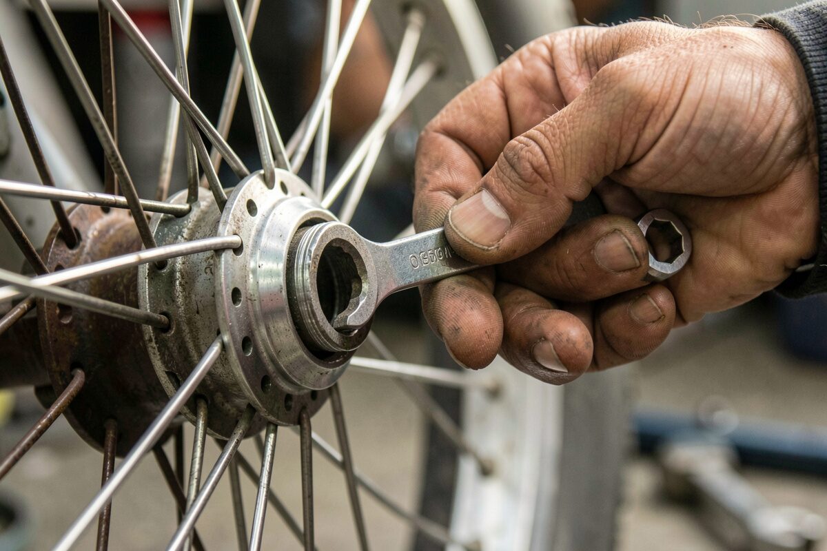 Spoke wrench in a mechanic's fingers against a silver spoke nipple